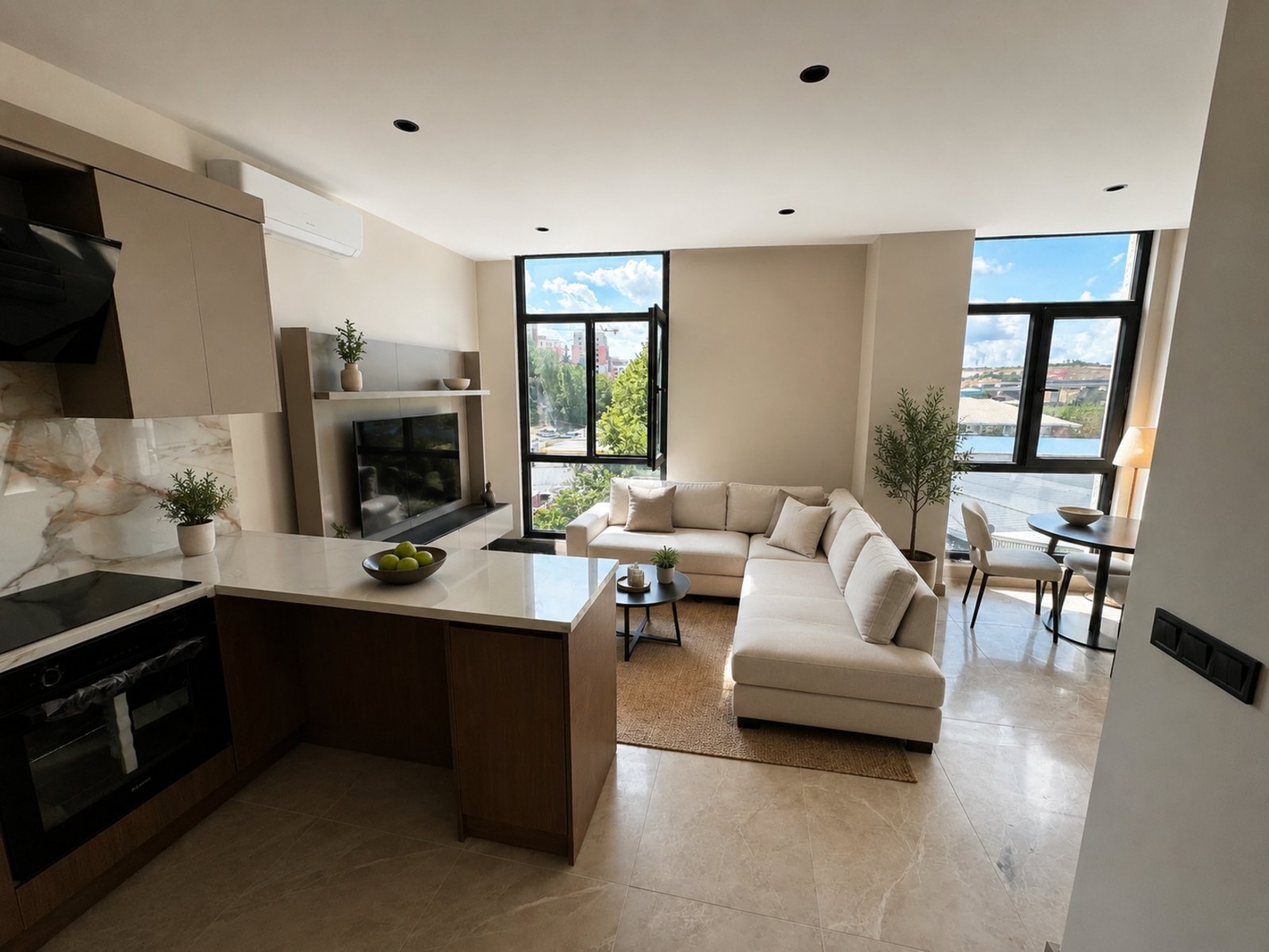 Mahal Suites — açık plan salon ve mutfak